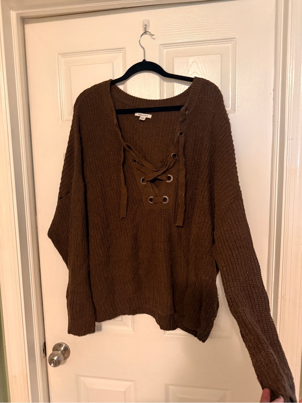 American Eagle Outfitters Chocolate Brown Lace-Up V-Neck Sweater